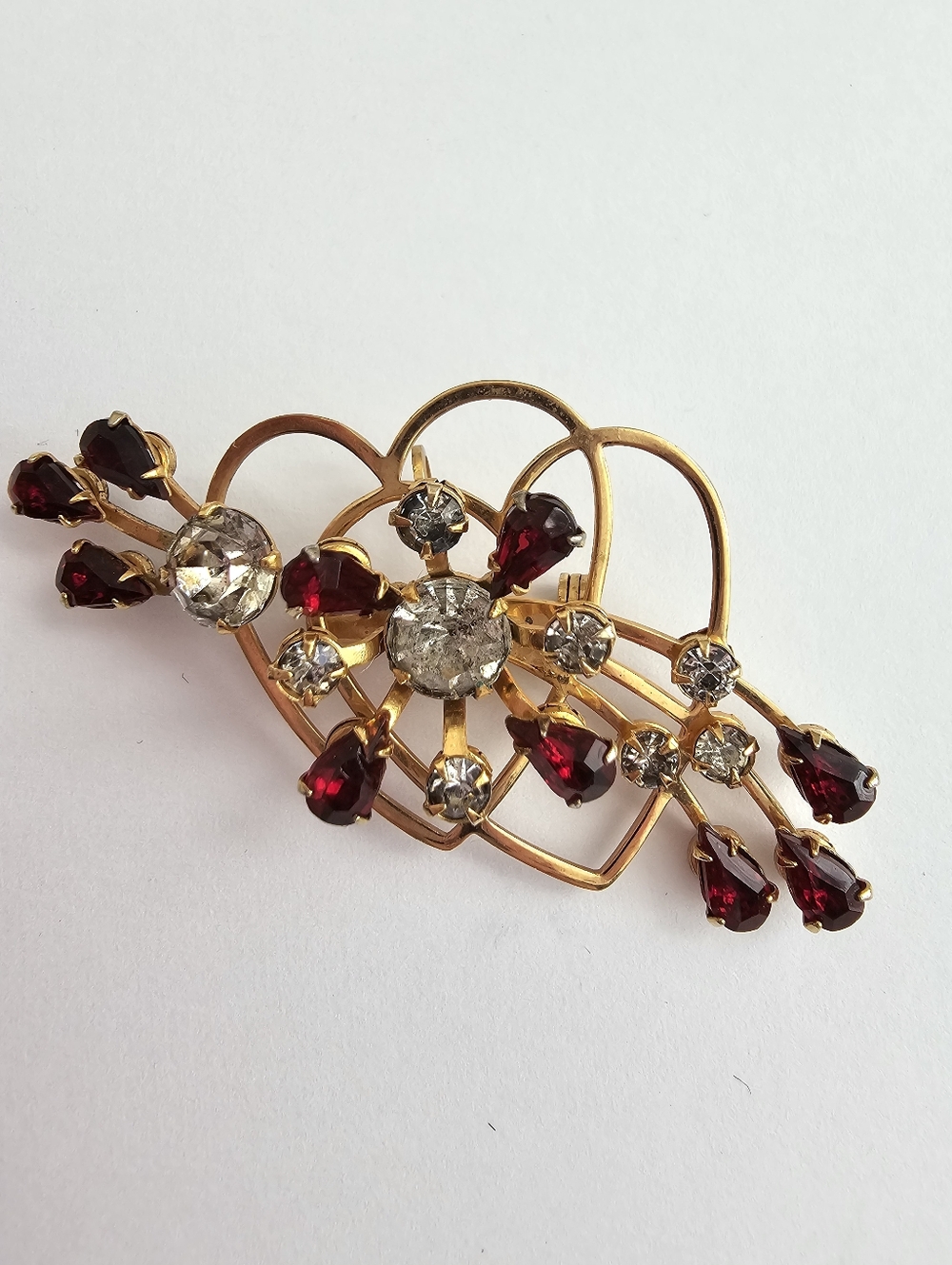 Vintage Mid-Century Double Heart Brooch Garnet Red & Clear Rhinestone Floral